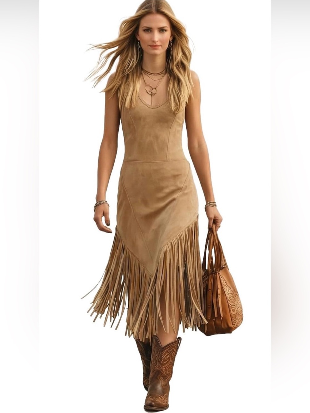 Suede Fringe Sleeveless Dress in Tan - L